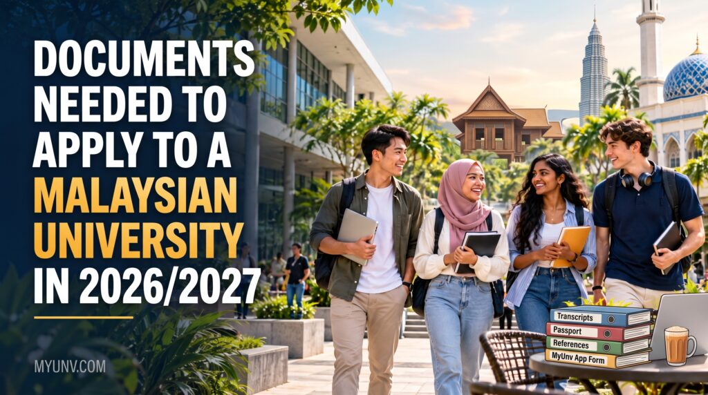 Current image: International students on a Malaysian campus with Petronas Towers in the background, titled Documents Needed to Apply to a Malaysian University in 2026/2027 by myunv.com